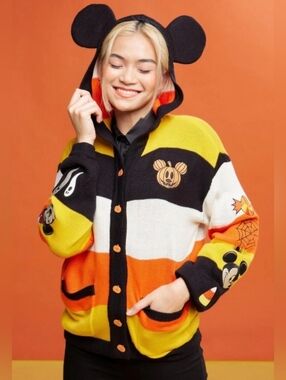 Her Universe Disney Halloween Mickey Mouse Stripe Hooded Cardigan, BNWT, Size M